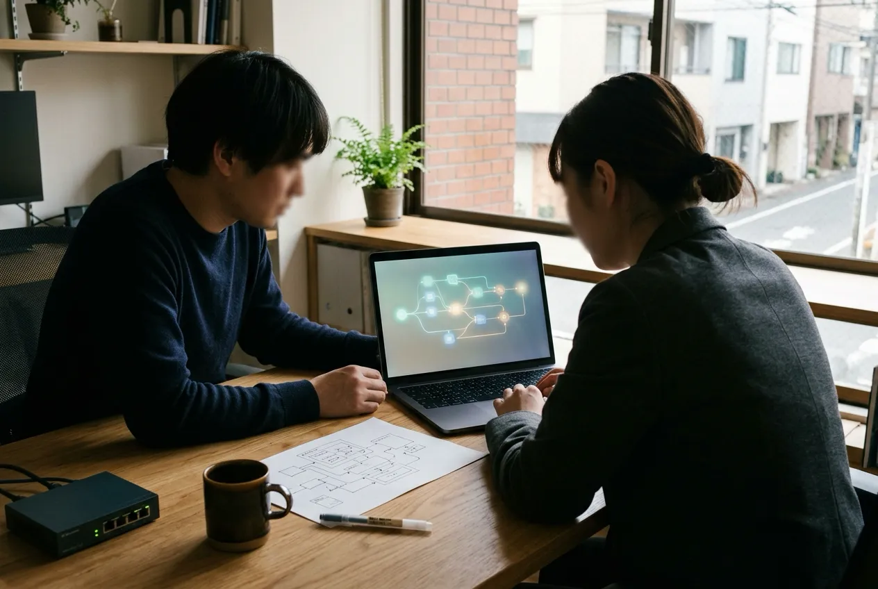 小さなオフィスで、ノートパソコンに映る自動化の流れ図と手書きの構成図を見ながら話す二人。机の端にはネットワーク機器
